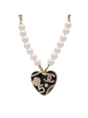 Chanel Heart Number 5 CC Logo Camellia Flower Chain Pendant Faux Pearl